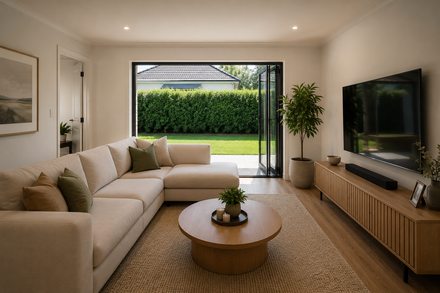 Separate lounge with doubles doors leading onto patio