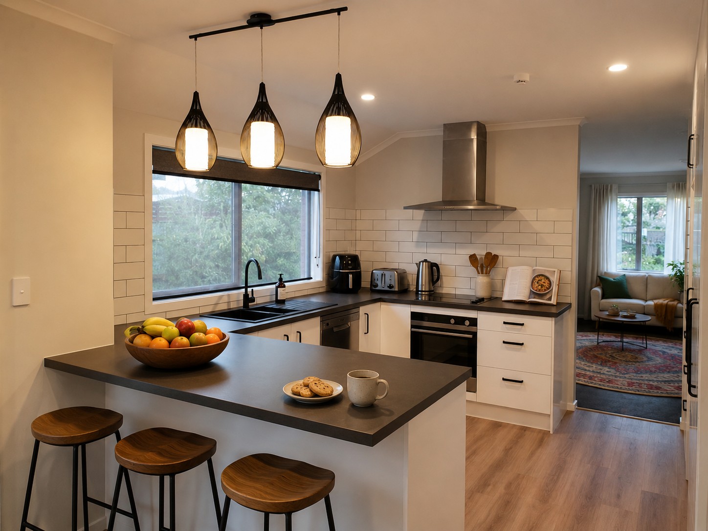 Kitchen with lounge in background